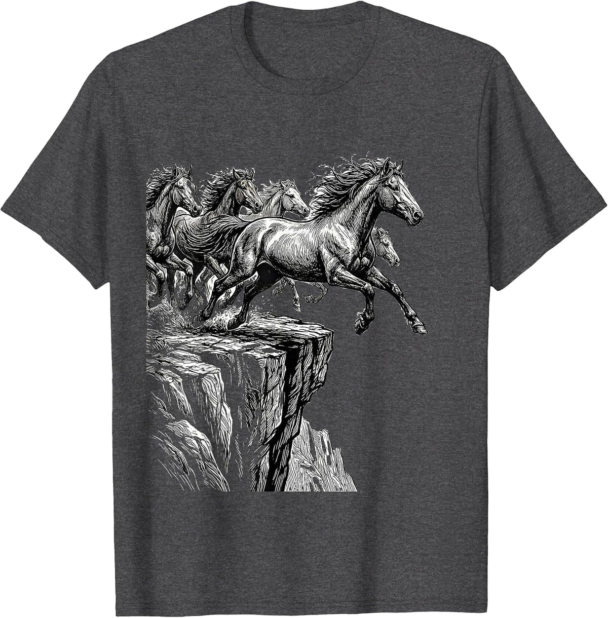 Wild Horses Running Off Cliff Edge Graphic T-Shirt - Dark Heather Grey