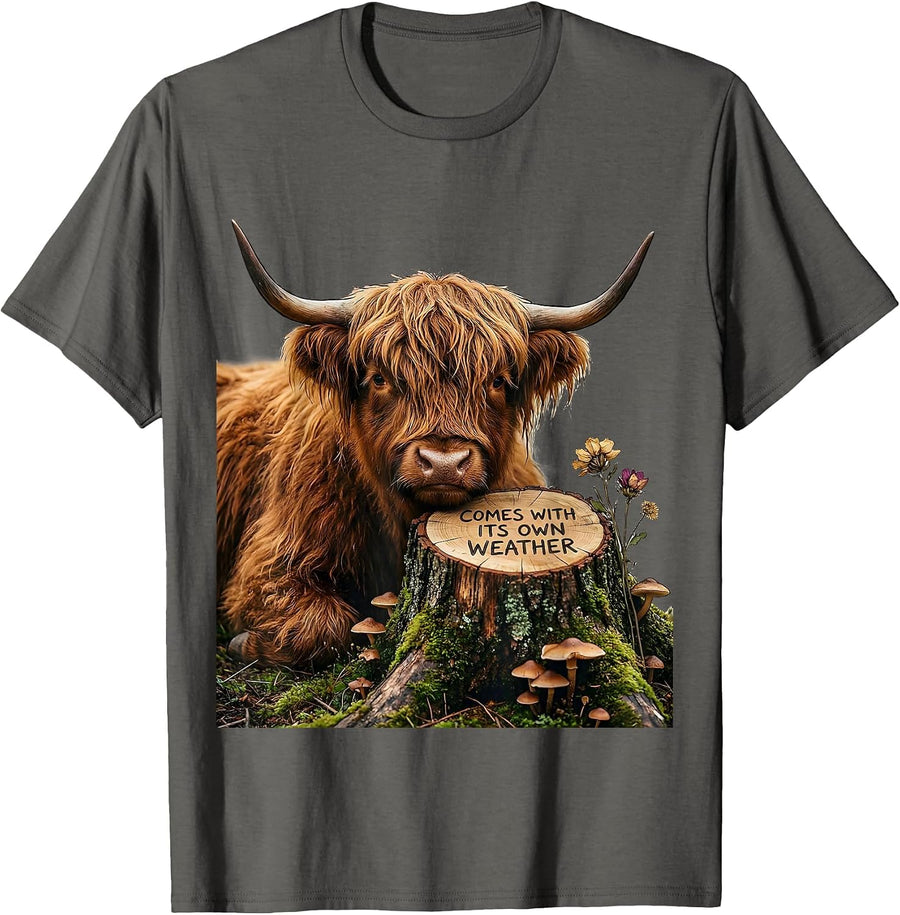 Comes With Its Own Weather Cute Highland Cow Cottagecore T-Shirt - Asphalt Grey
