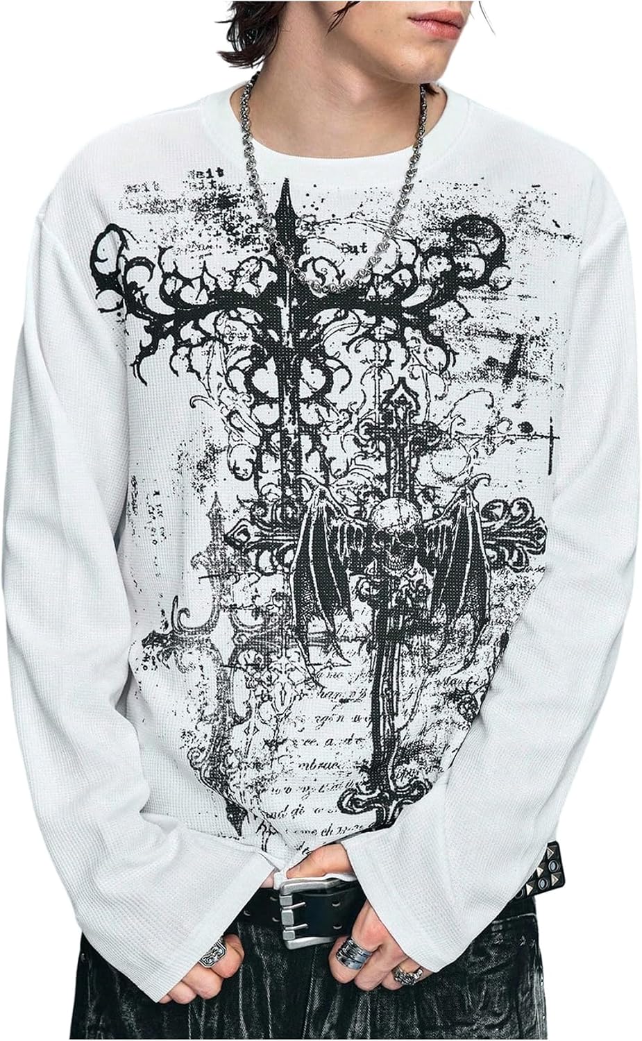 Milumia Men's Sweatshirt Y2K Gothic Graphic Long Sleeve Pullover Shirt - White