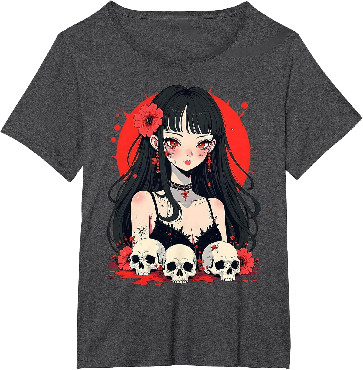Horror Anime Girl, Aesthetic Japanese Creepy Kawaii Goth T-Shirt - Dark Heather Grey