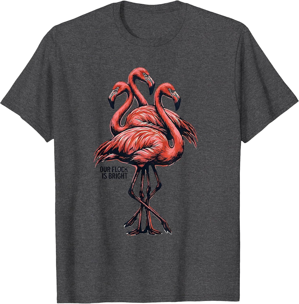 Men's Our Flock Is Bright Linocut Flamingo Lover Family Matching T-Shirt - Dark Heather Grey