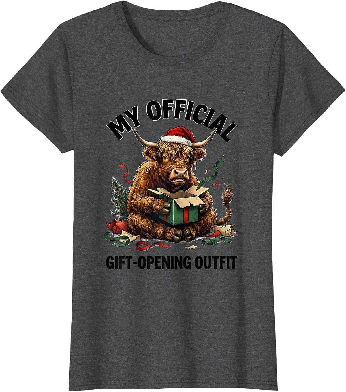Women's My Official Gift-Opening Outfit Funny Highland Cow Christmas T-Shirt - Dark Heather Grey