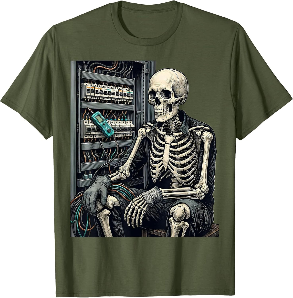 Skeleton Electrician Sign Painter Humor Funny T-Shirt - Olive Green