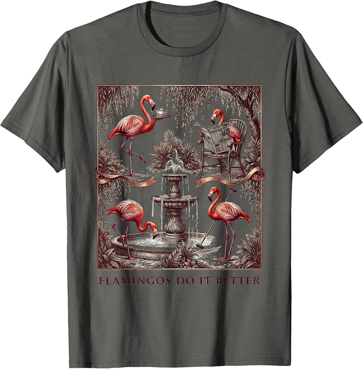 Flamingos Do It Better Tropical Bird Design T-Shirt - Asphalt Grey
