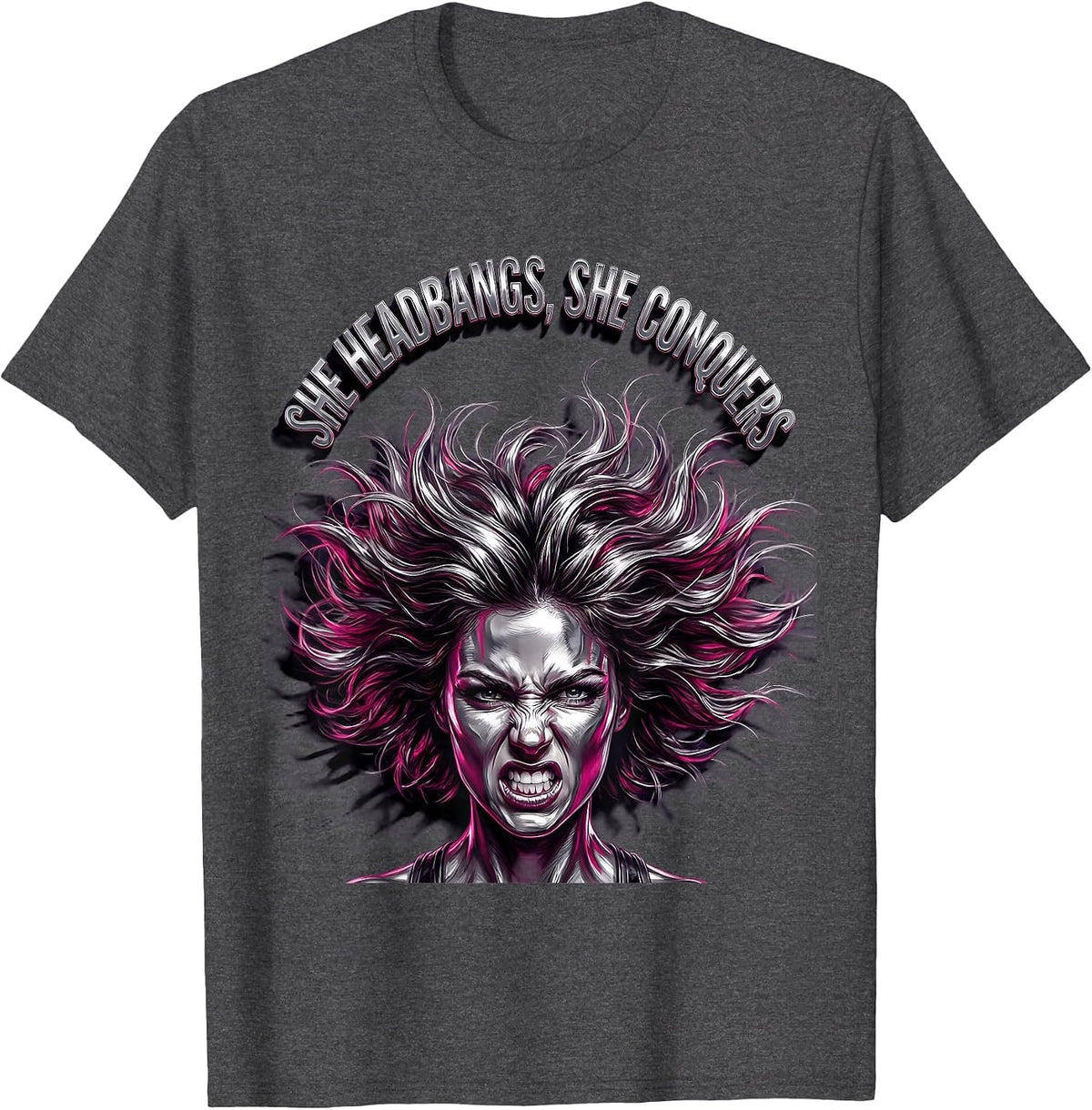 She Headbangs She Conquers Rock N Roll Design T-Shirt - Dark Heather Grey