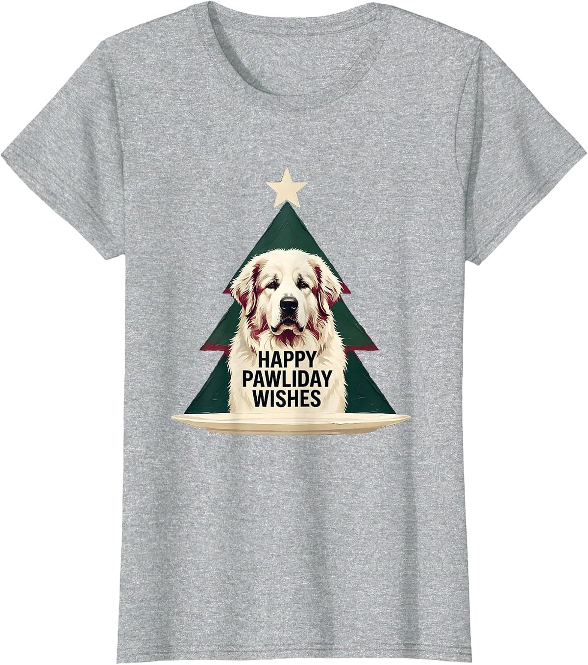 Happy Pawliday Wishes Funny Great Pyrenees Christmas Dog T-Shirt - Heather Grey
