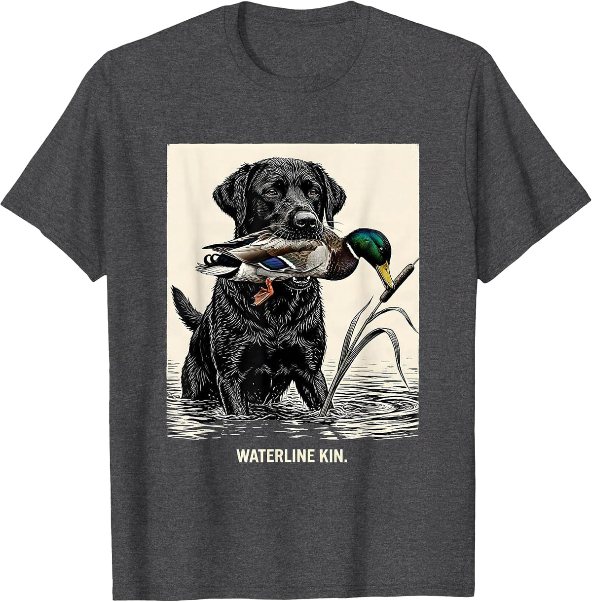 Men's Waterline Kin Scratchboard Black Lab Duck Hunting Youth Boys T-Shirt - Dark Heather Grey