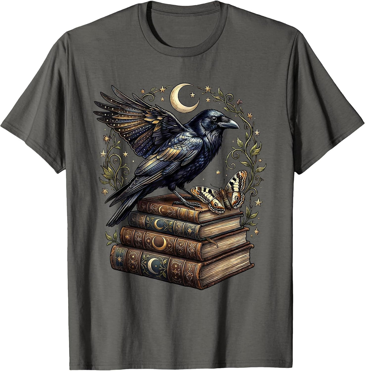 Crow Perched on Stacked Books Illustration T-Shirt - Asphalt Grey