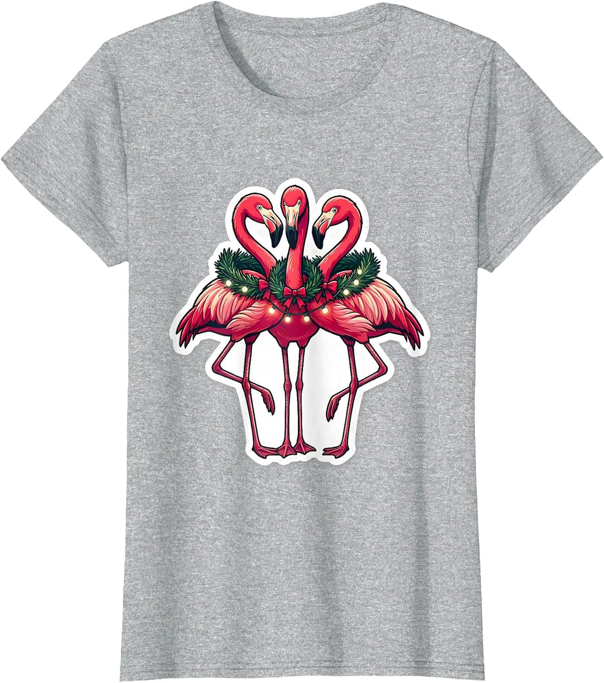 Women's Pink Flamingo Cluster Holiday Novelty Sticker Style T-Shirt - Heather Grey