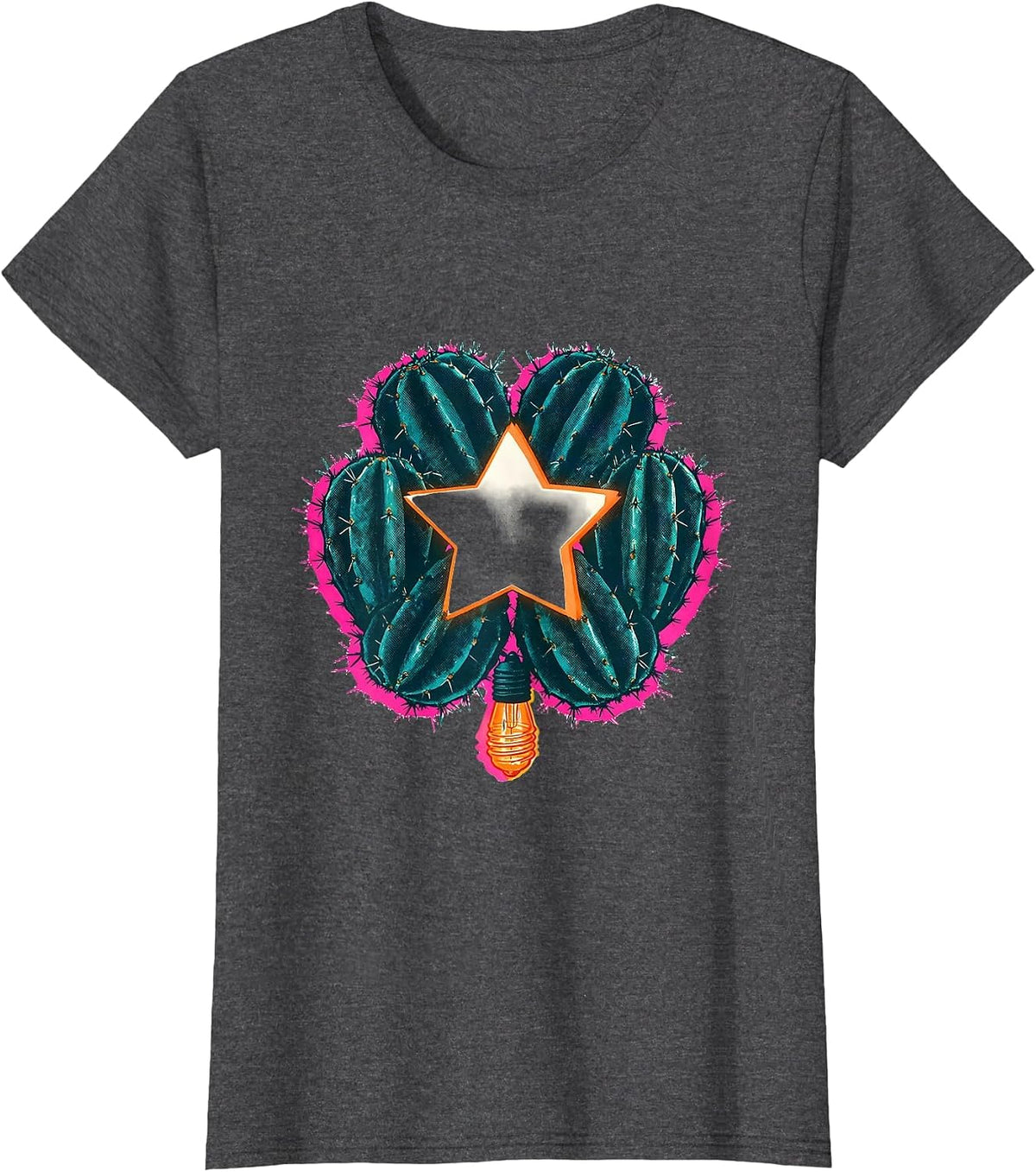 Women's Prickly-Pear Wreath Risograph Flamingo Lover Christmas T-Shirt - Dark Heather Grey