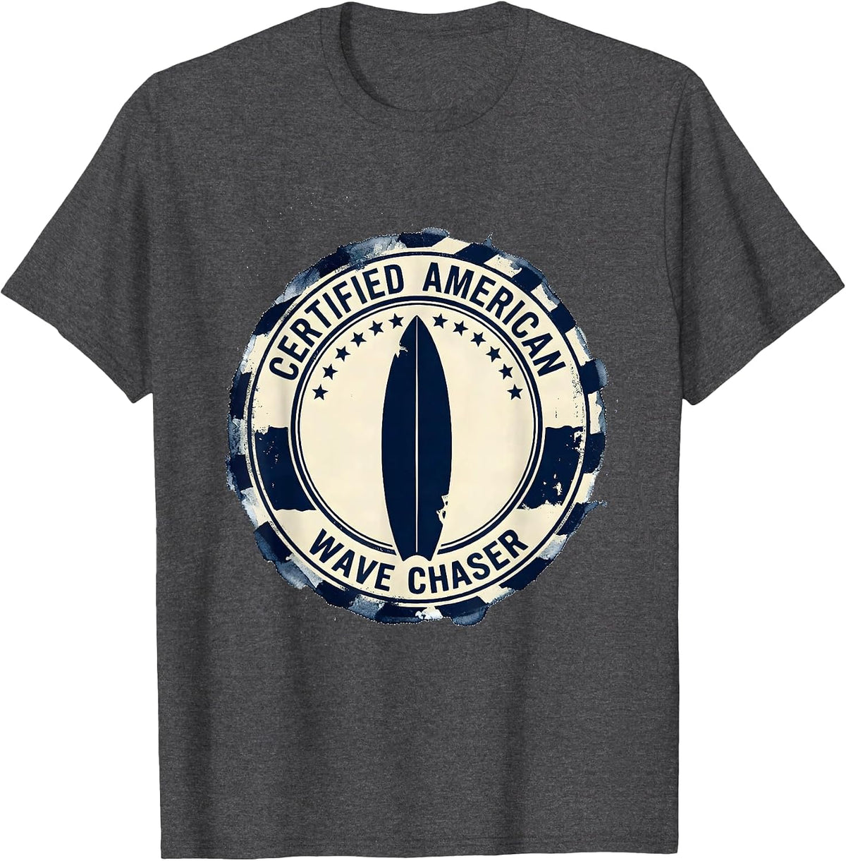 Men's Certified American Wave Chaser Patriotic Surfer Vintage T-Shirt - Dark Heather Grey