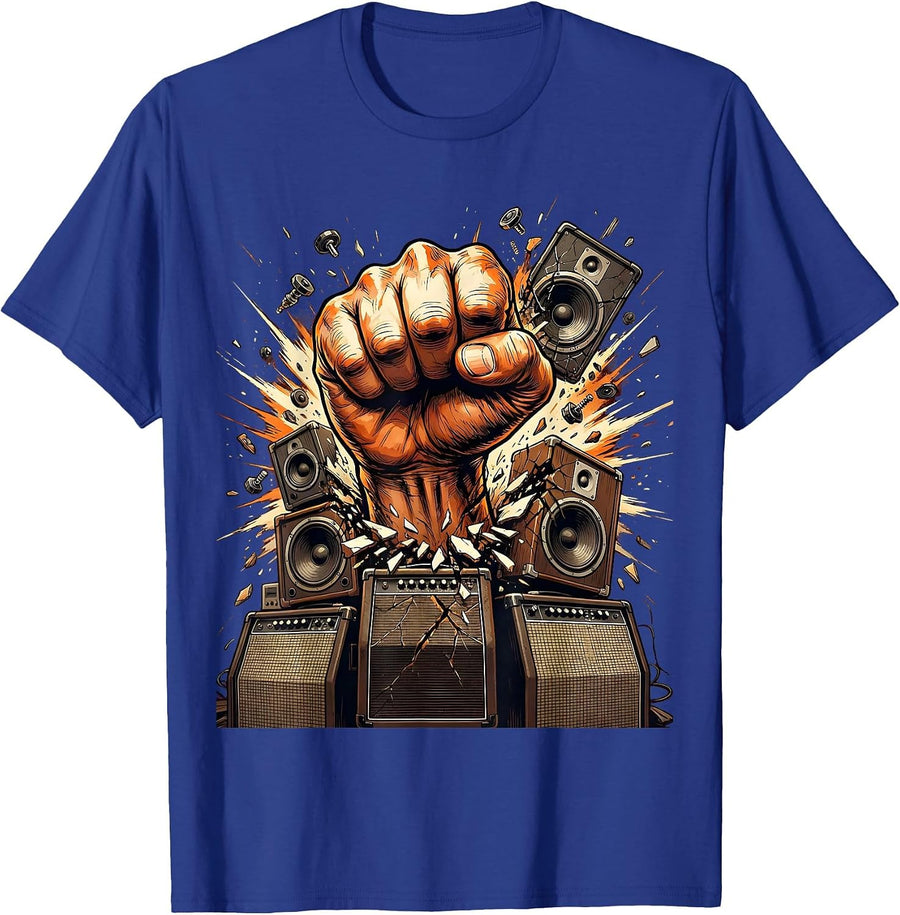 80s Rock Fist Through Amplifier Wall Graphic T-Shirt - Royal Blue