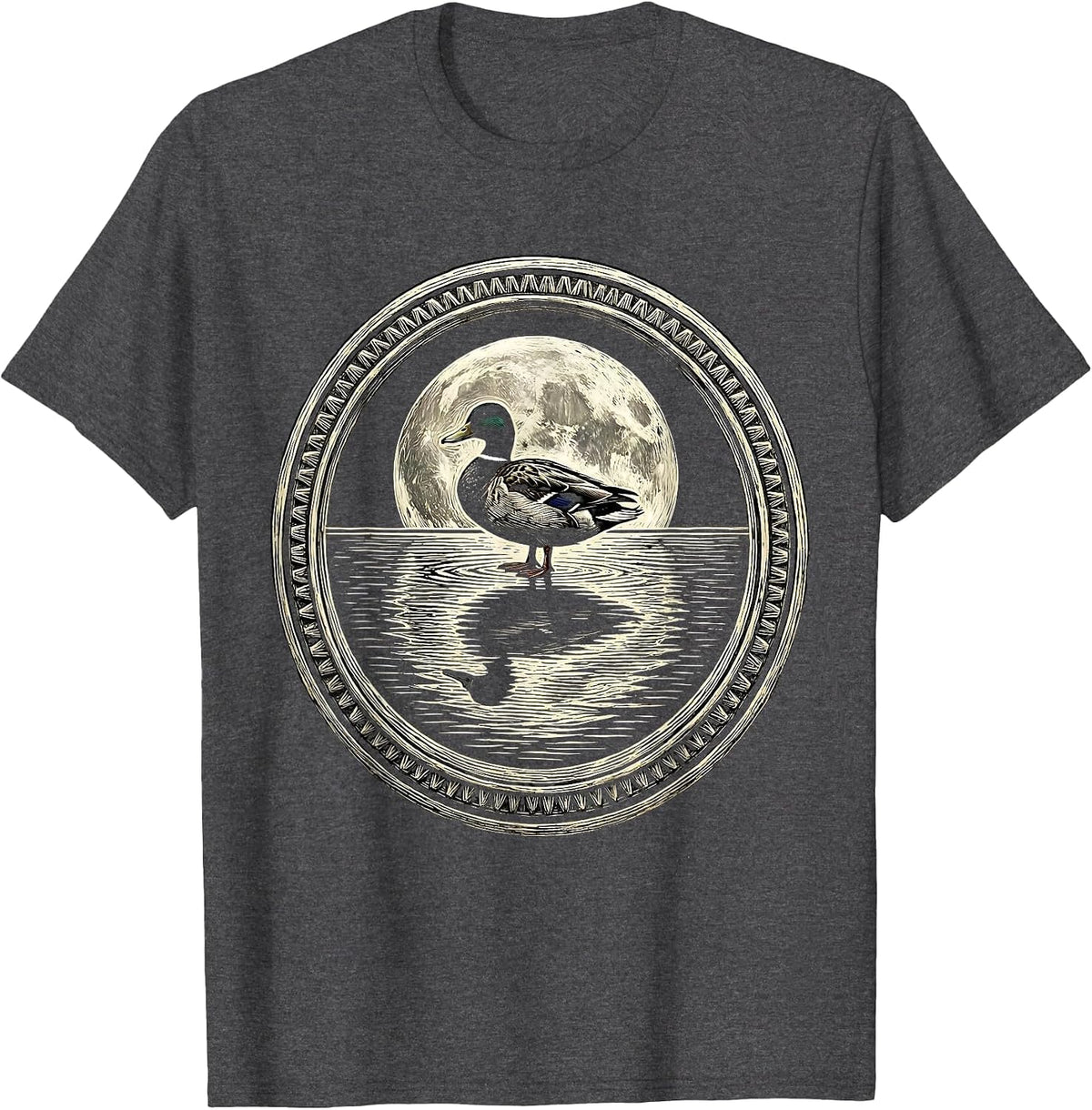 Duck Silhouette Full Moon Reflection Art T-Shirt - Dark Heather Grey