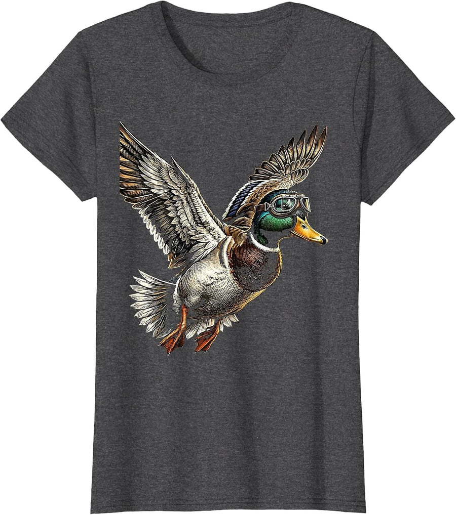 Women's Duck Aviator Goggles Mid-Flight Graphic T-Shirt - Dark Heather Grey