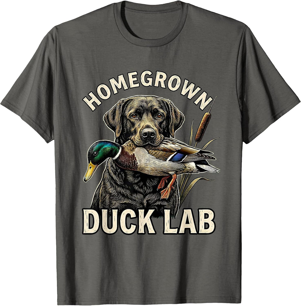 Homegrown Duck Lab Woodcut Engraving Labrador Retriever Duck T-Shirt - Asphalt Grey