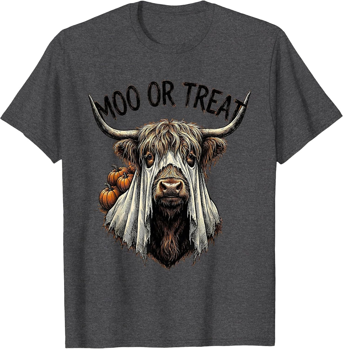 Moo Or Treat Vintage Highland Cow Halloween Pumpkin Ghost T-Shirt - Dark Heather Grey