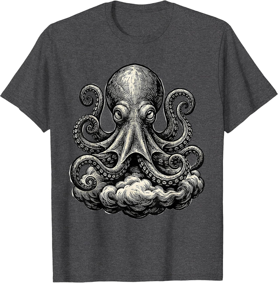 Men's Bold Relief Carved Octopus Vintage Woodcut Engraving Sea T-Shirt - Dark Heather Grey