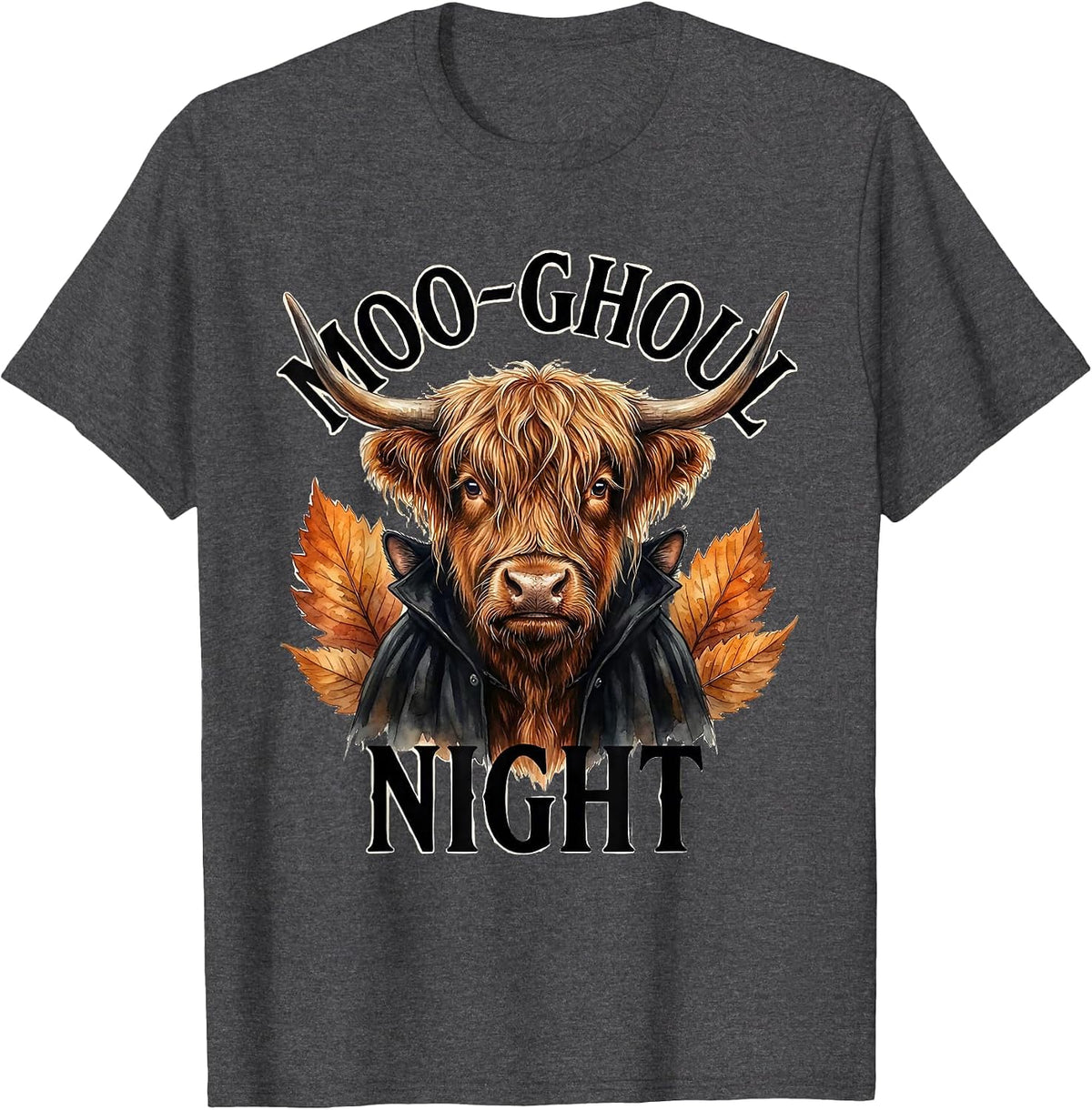 Men's Moo-ghoul Night Whimsical Highland Cow Halloween Fall T-Shirt - Dark Heather Grey