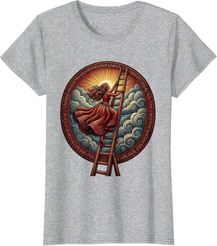 Woman Climbing Into Sunlight Above Storm Clouds T-Shirt - Heather Grey
