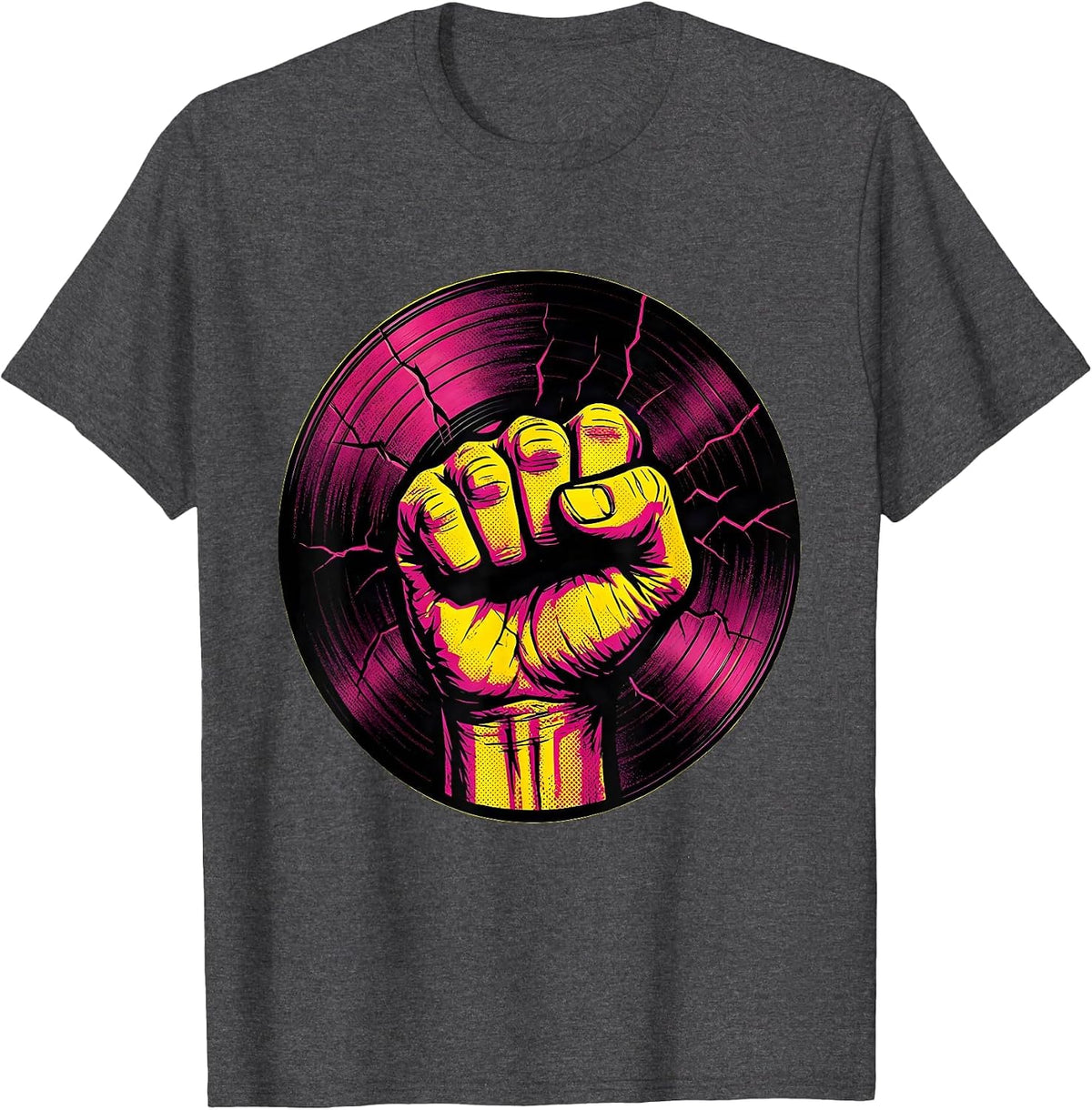 90s Rock Fist Cracked Vinyl Record Graphic T-Shirt - Dark Heather Grey