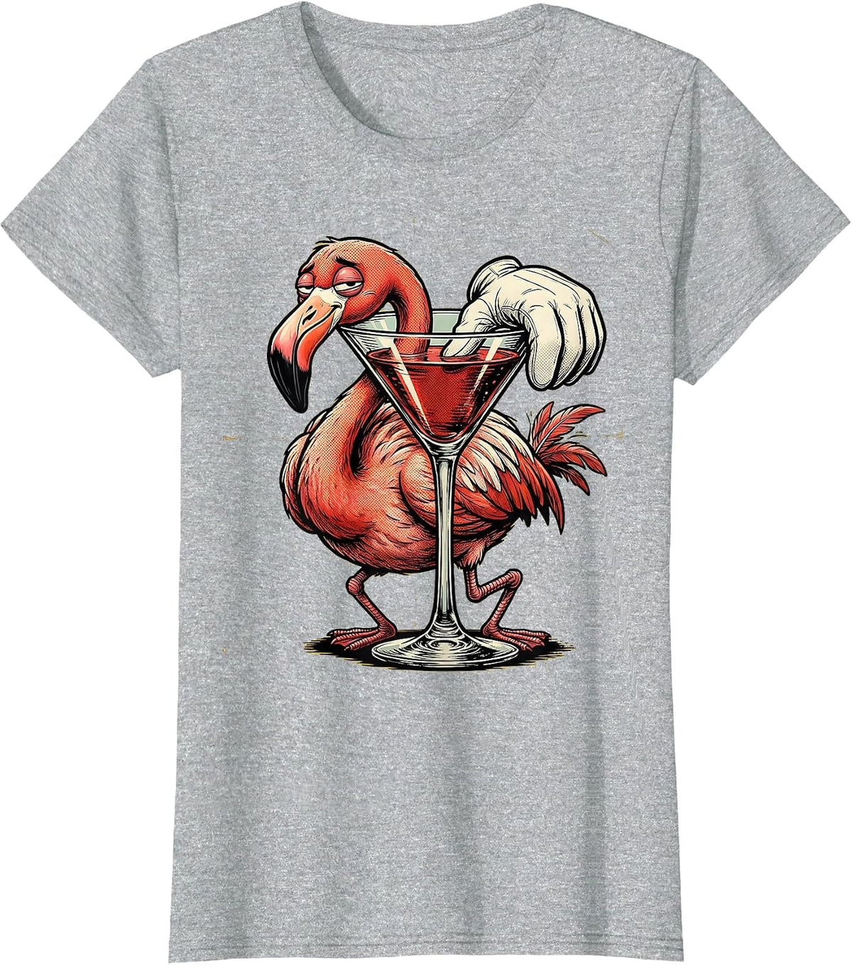 Tired Flamingo Cocktail Glass Funny Drinking T-Shirt - Heather Grey