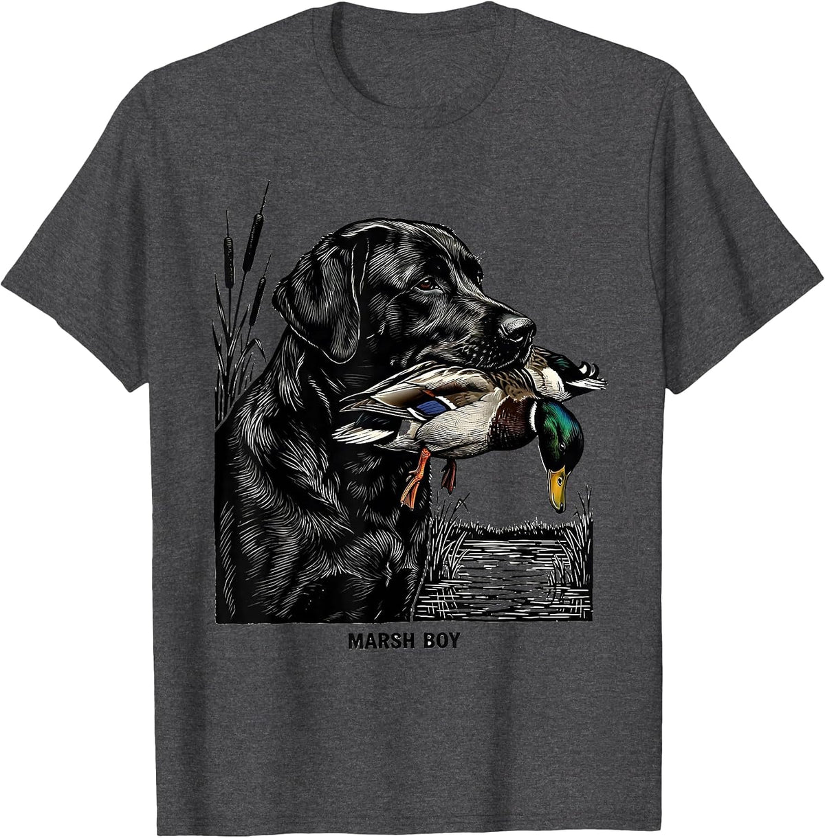 Marsh Boy Linocut Black Lab Duck Hunting Southern Pride T-Shirt - Dark Heather Grey