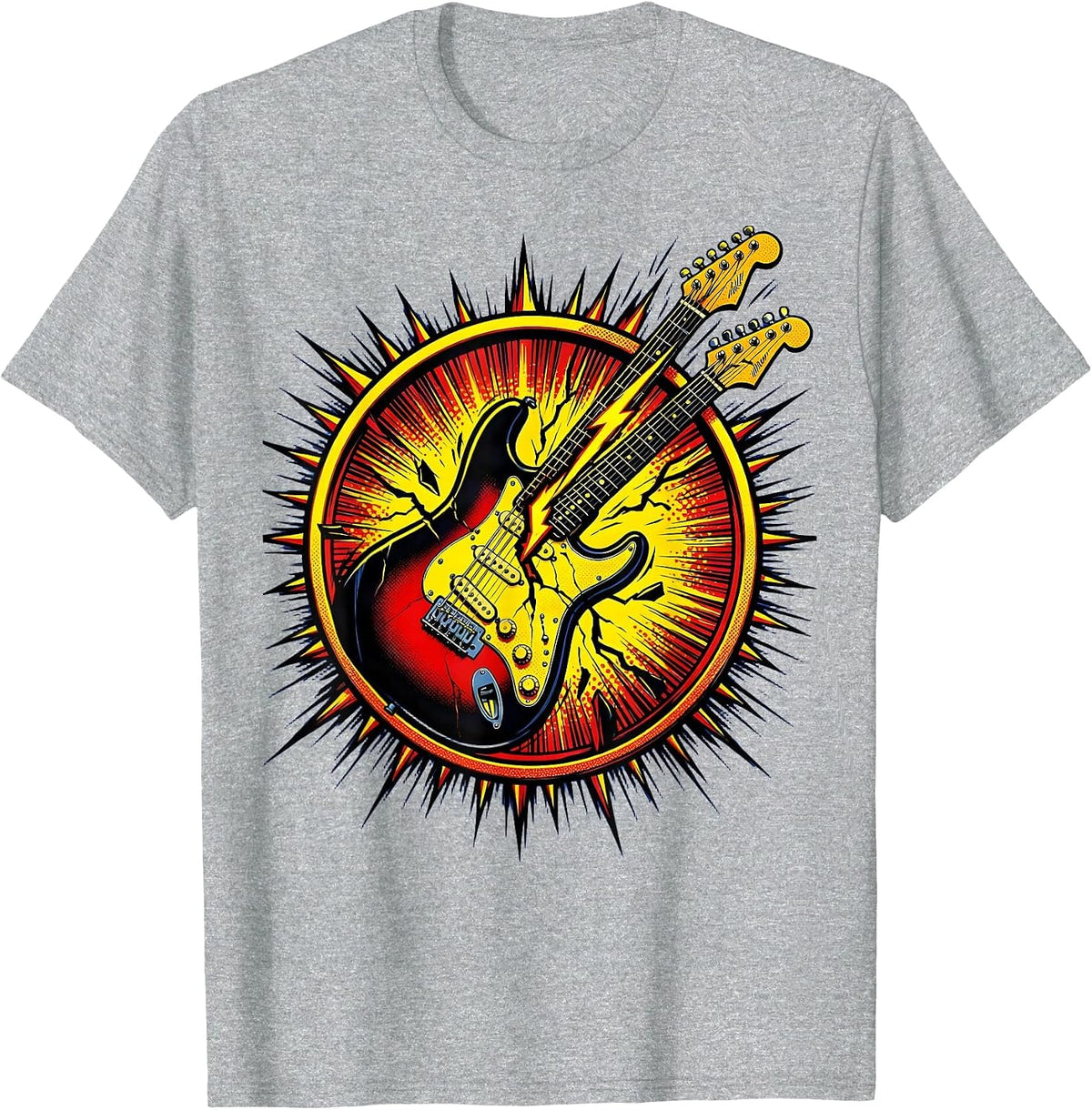 Men's Electric Guitar Lightning Bolt Split 80s Rock Art T-Shirt - Heather Grey