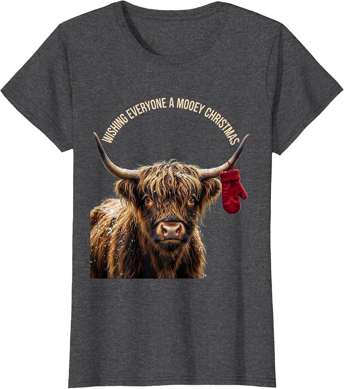 Women's Wishing Everyone A Mooey Christmas Funny Highland Cow Farm T-Shirt - Dark Heather Grey