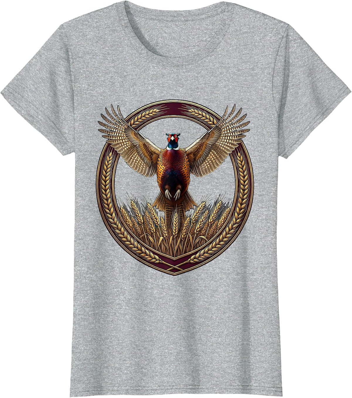 Pheasant Burst Golden Wheat Field Illustration T-Shirt - Heather Grey