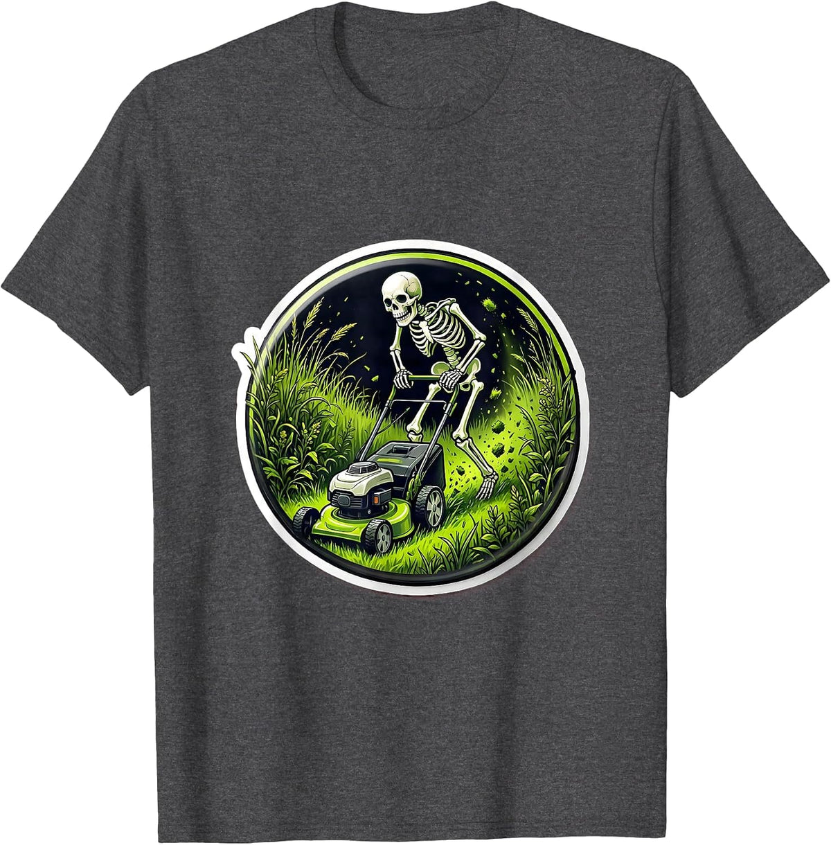 Skeleton Lawn Mowing Overgrown Yard Graphic T-Shirt - Dark Heather Grey
