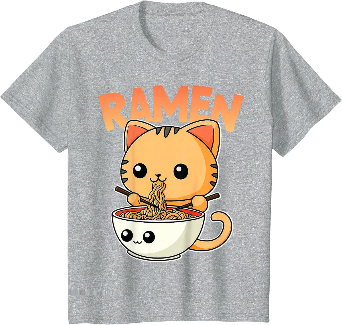 Kawaii Cat Eating Ramen - Cute Kitty T-Shirt - Heather Grey