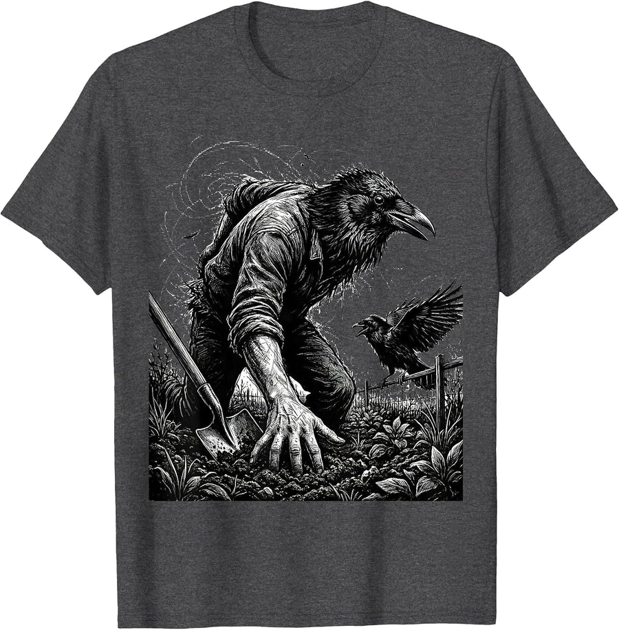 Men's Abandoned Trowel Crow Gothic Bird Lover Dark Humor T-Shirt - Dark Heather Grey