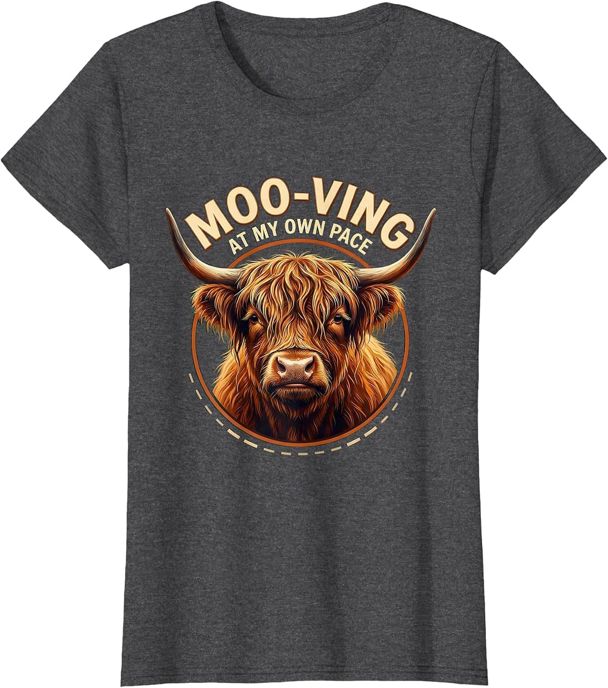 Women's Moo-ving At My Own Pace Funny Highland Cow Farm Humor T-Shirt - Dark Heather Grey