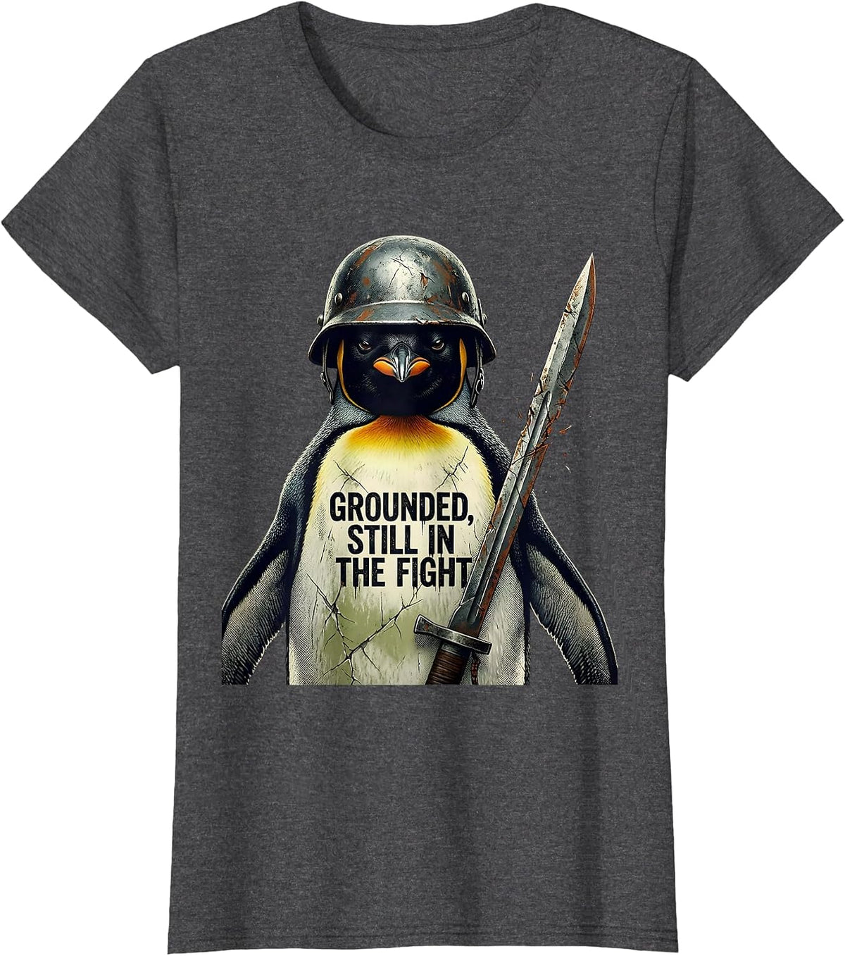 Women's Grounded, Still In The Fight Funny Tactical Penguin Military T-Shirt - Dark Heather Grey