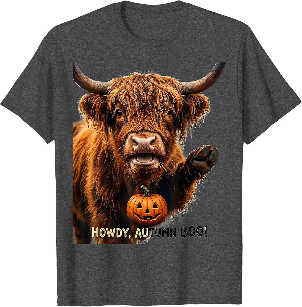 Howdy, Autumn Boo! Funny Highland Cow Fall Halloween Humor T-Shirt - Dark Heather Grey