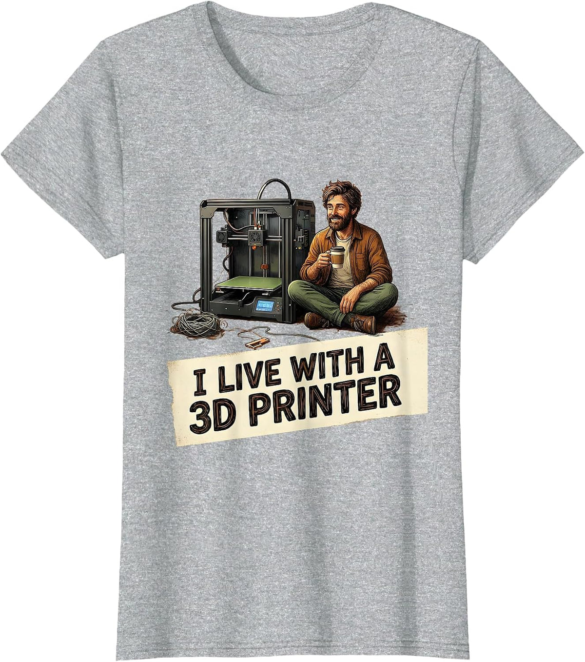 Women's I Live With A 3D Printer Funny 3D Printing Hobbyist Geek T-Shirt - Heather Grey