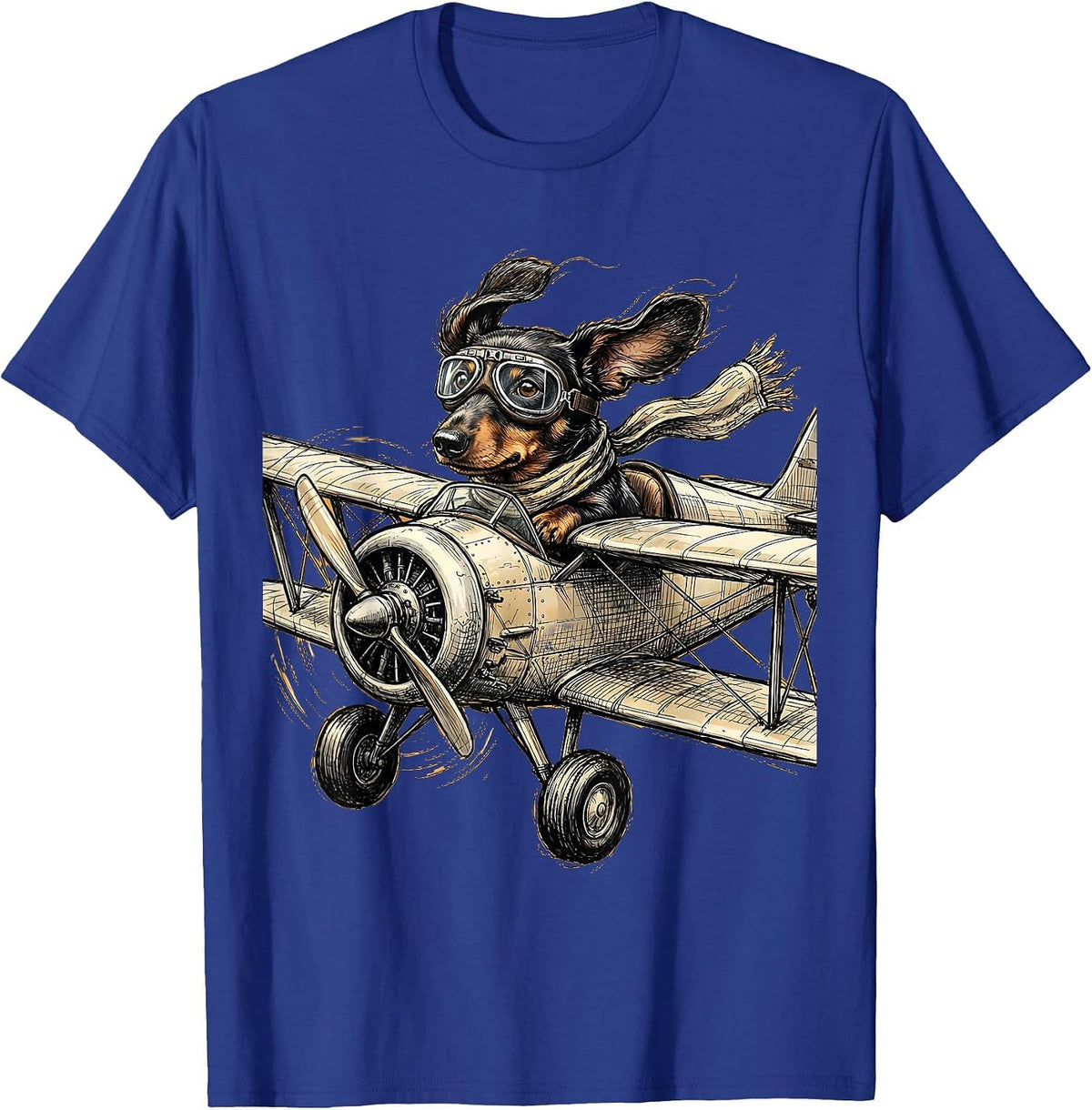 Dachshund Vintage Biplane Pilot Graphic Tee T-Shirt - Royal Blue