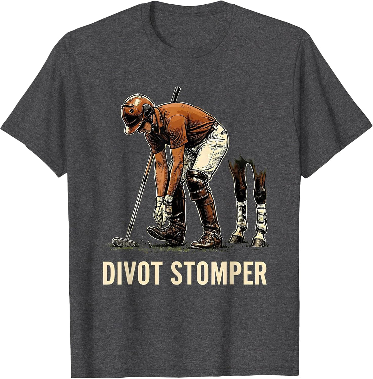 Divot Stomper Energetic Polo Player Horseback Riding Sport T-Shirt - Dark Heather Grey