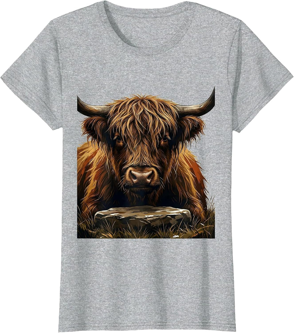 Women's Highland Cow Head Gouache Poster Animal Lover Humor T-Shirt - Heather Grey