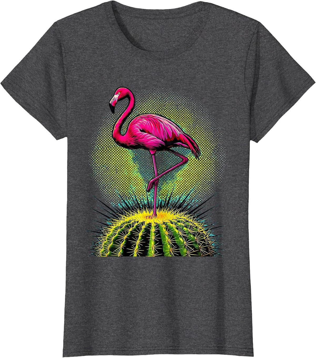 Women's Flamingo on Cactus Desert Illustration T-Shirt - Dark Heather Grey