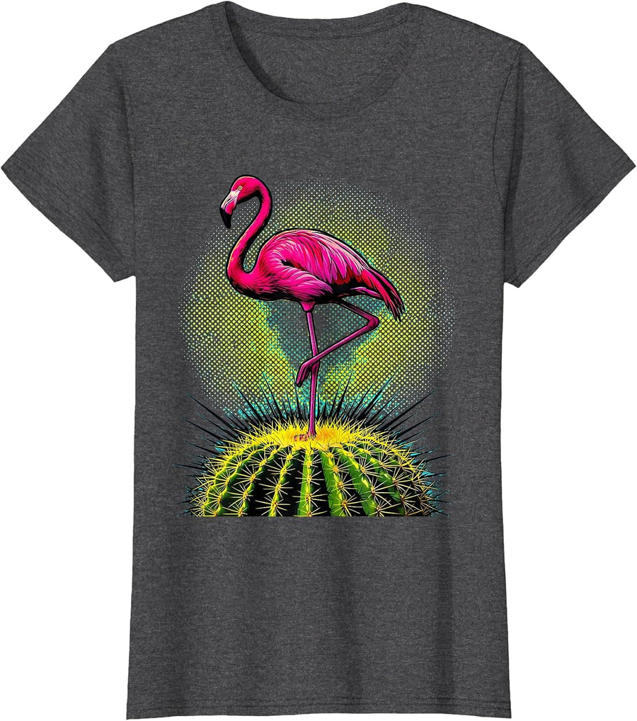 Women's Flamingo on Cactus Desert Illustration T-Shirt - Dark Heather Grey