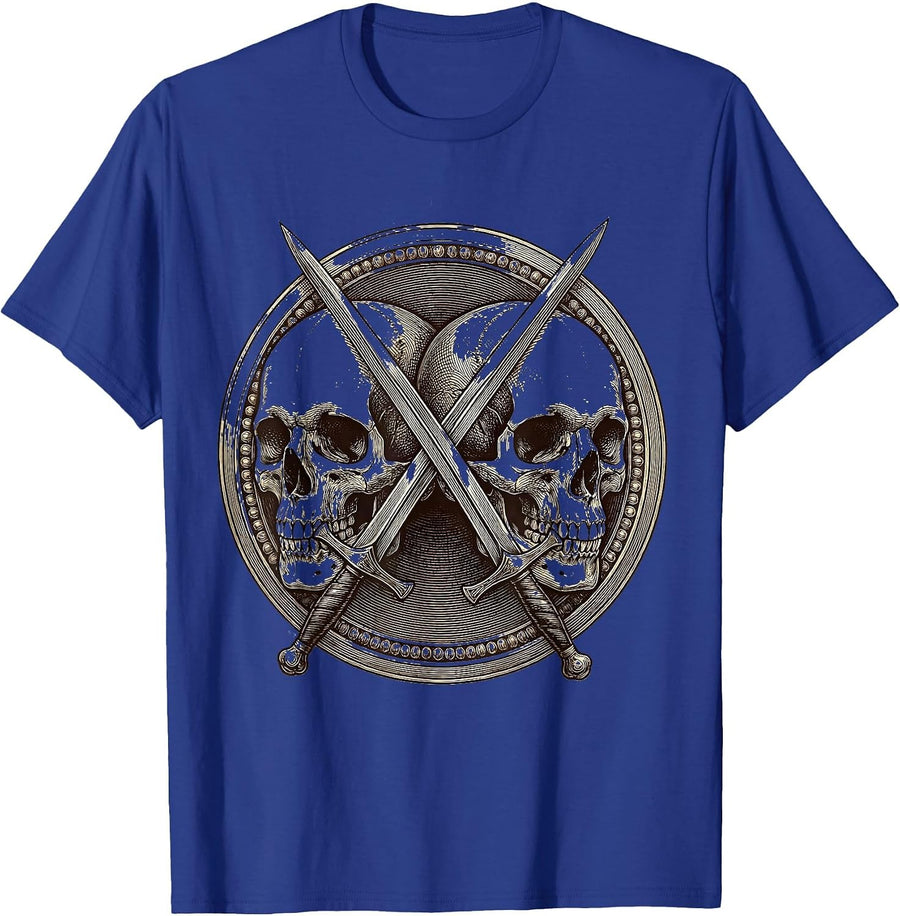 Twin Skulls Crossed Swords Dark Gothic Design T-Shirt - Royal Blue