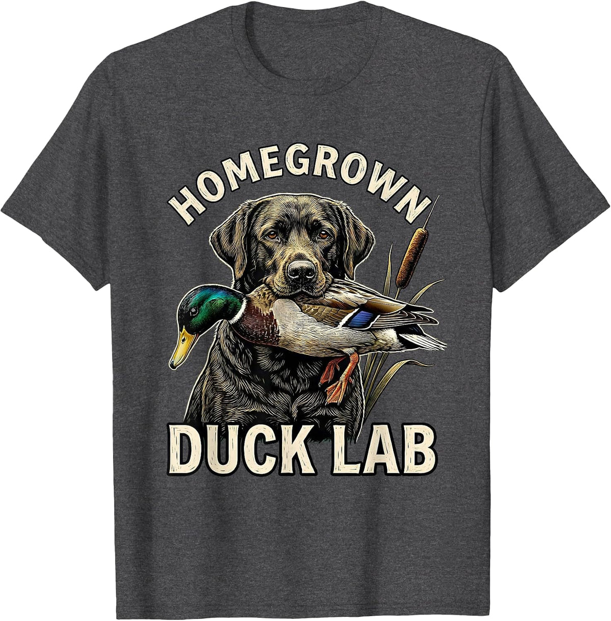 Homegrown Duck Lab Woodcut Engraving Labrador Retriever Duck T-Shirt - Dark Heather Grey