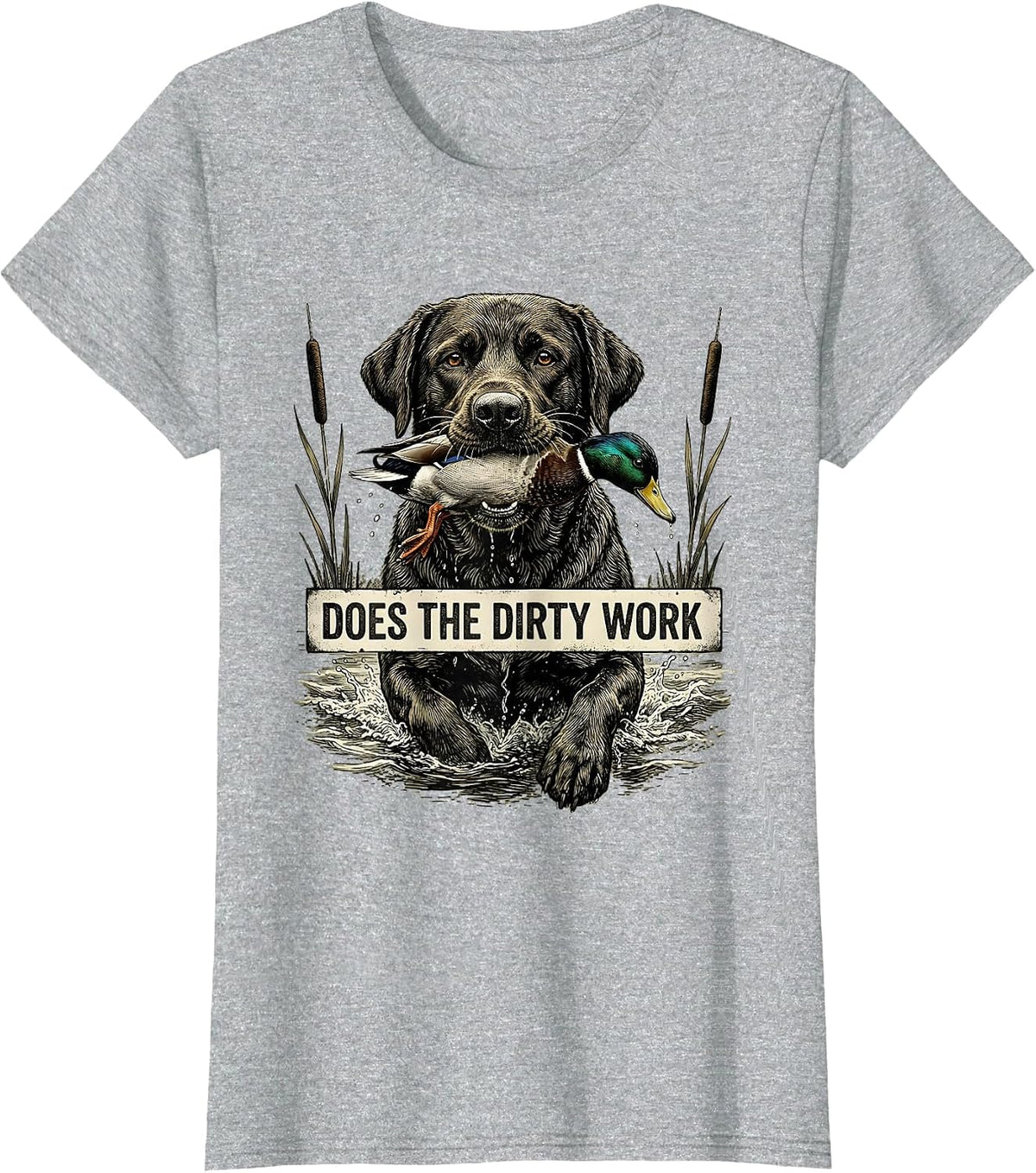 Women's Does The Dirty Work Vintage Labrador Hunting Dog Waterfowl T-Shirt - Heather Grey