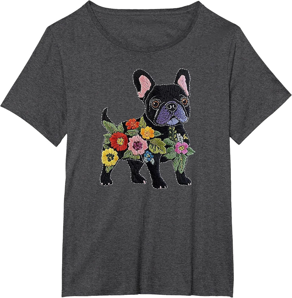 French Bulldog Flower Funny Dog Silhouette Floral Women Men T-Shirt - Dark Heather Grey