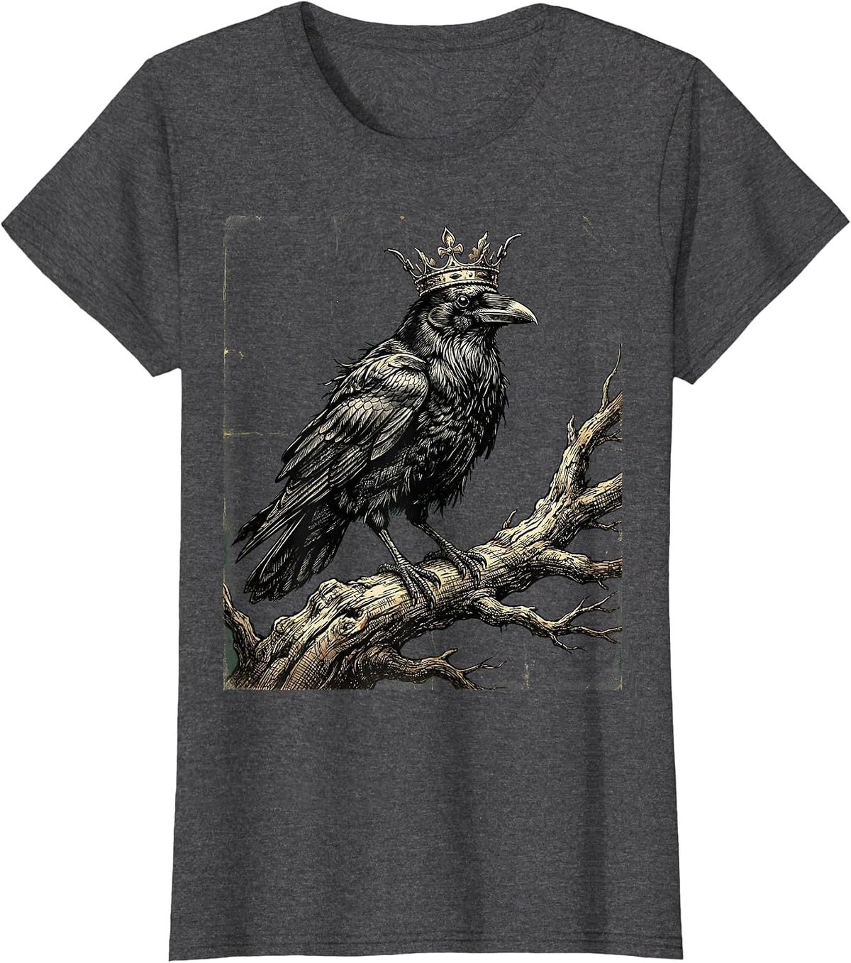 Women's Crow Wearing a Tiny Tattered Crown Illustration T-Shirt - Dark Heather Grey