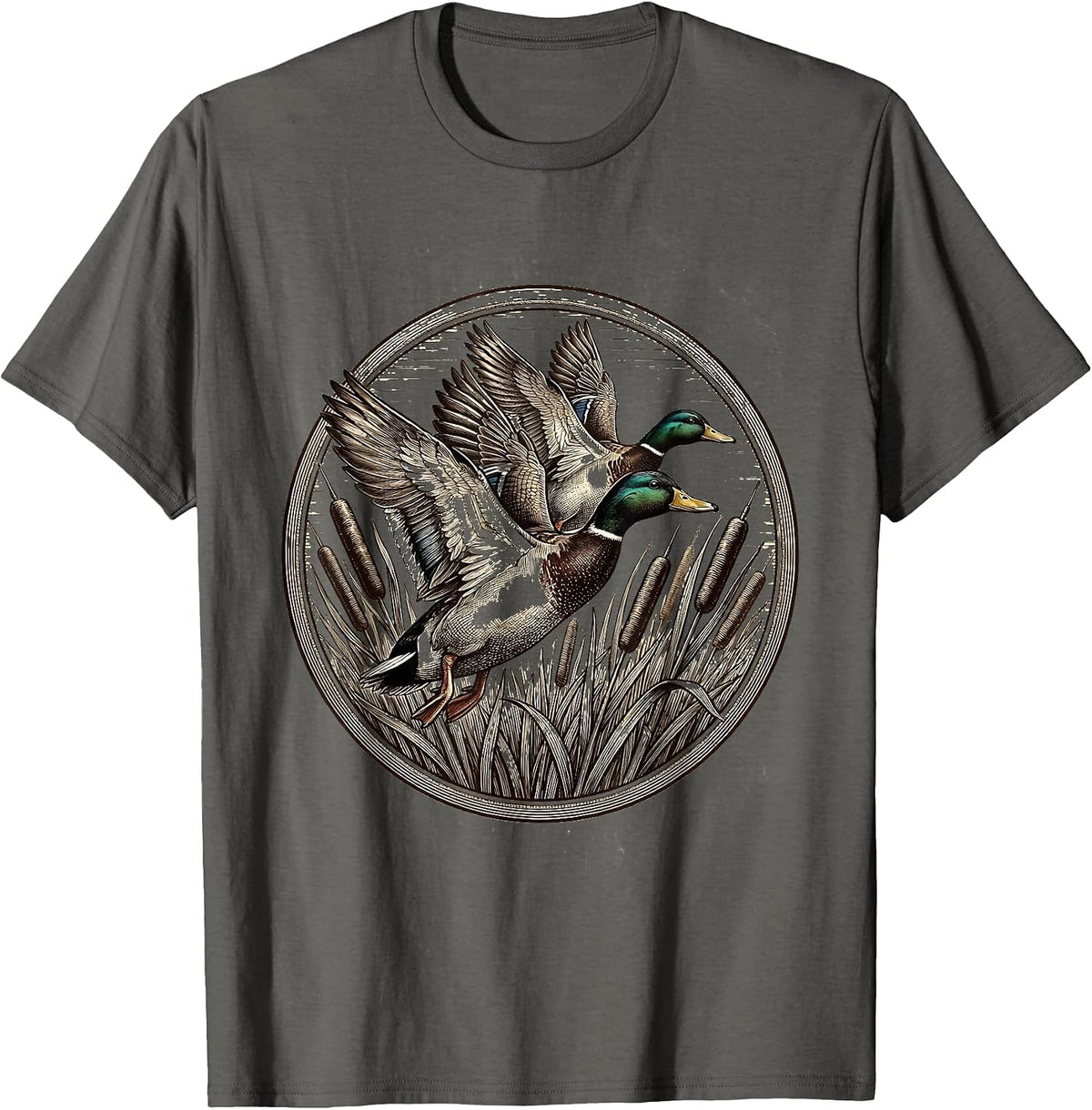 Men's Duck Flying V-Formation Over Cattails Illustration T-Shirt - Asphalt Grey