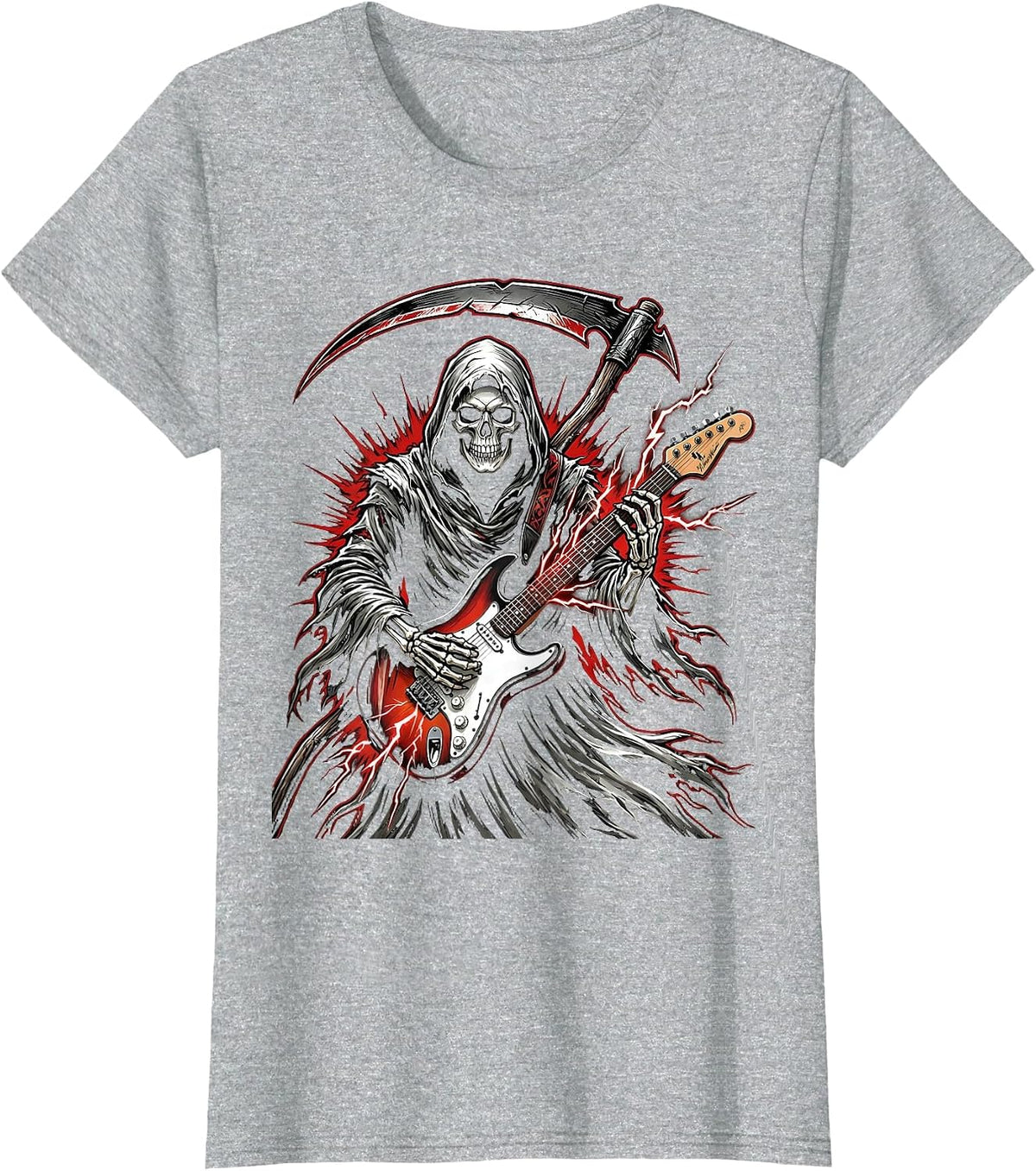 Women's Grim Reaper Electric Guitar Rock Halloween Design T-Shirt - Heather Grey
