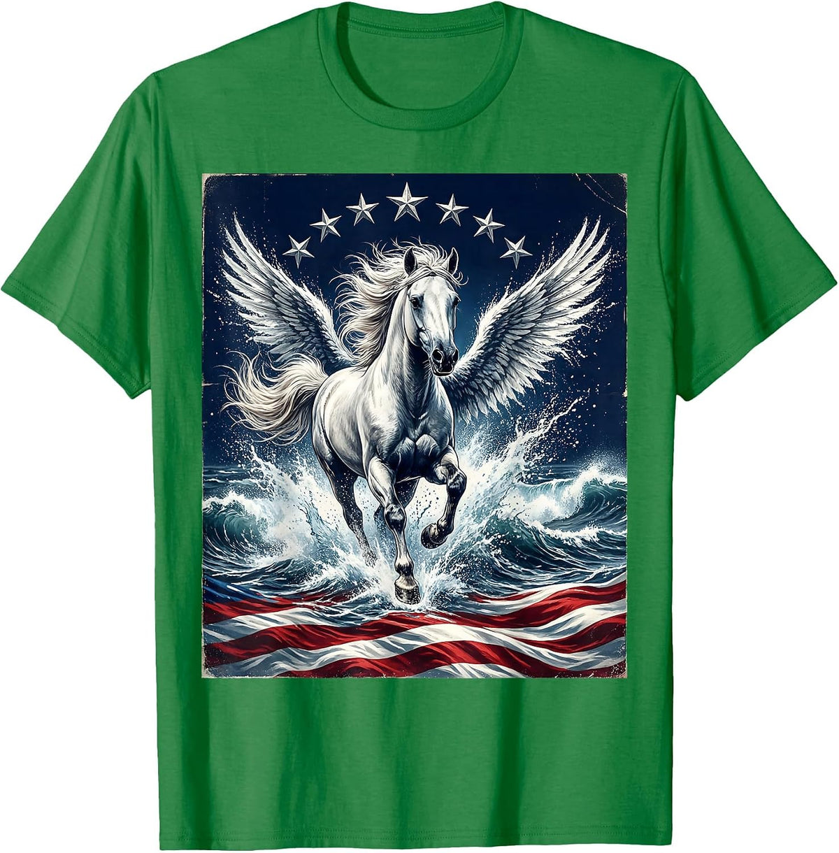 Men's White Horse Galloping Through Crashing Waves T-Shirt - Kelly Green