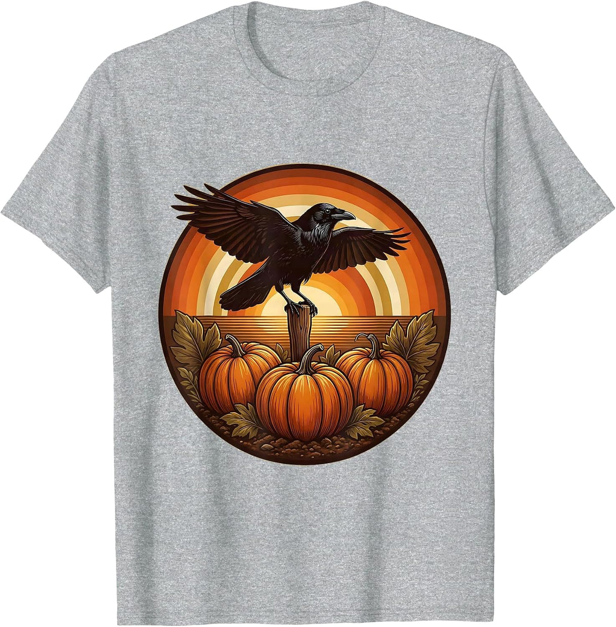 Men's Crow Watching Over Pumpkin Garden Row T-Shirt - Heather Grey